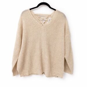 Sweet Wanderer Knit Lace-Up Back Sweater Boho V-Neck Pullover M Festival Spring
